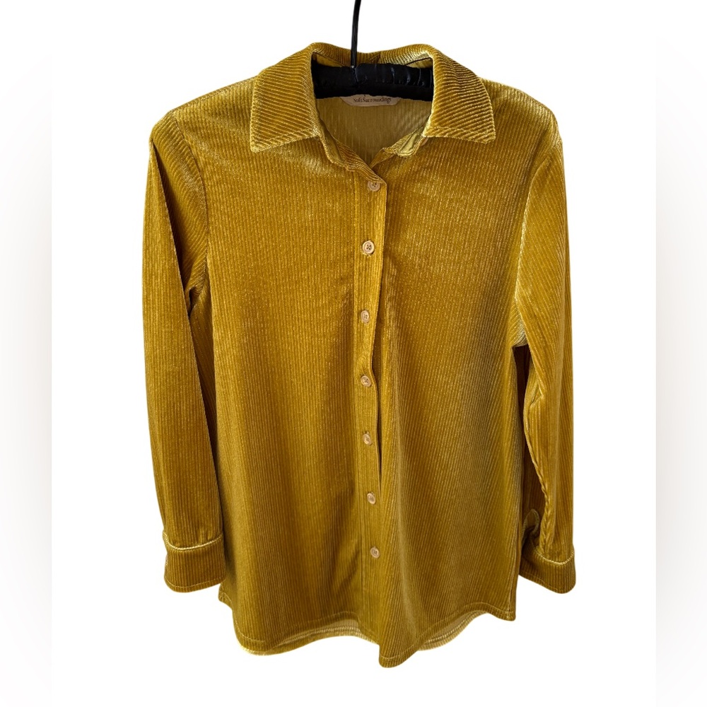 Soft Surroundings Golden Metallic Ribbed Velvet Button Up Shirt Size XS Petite